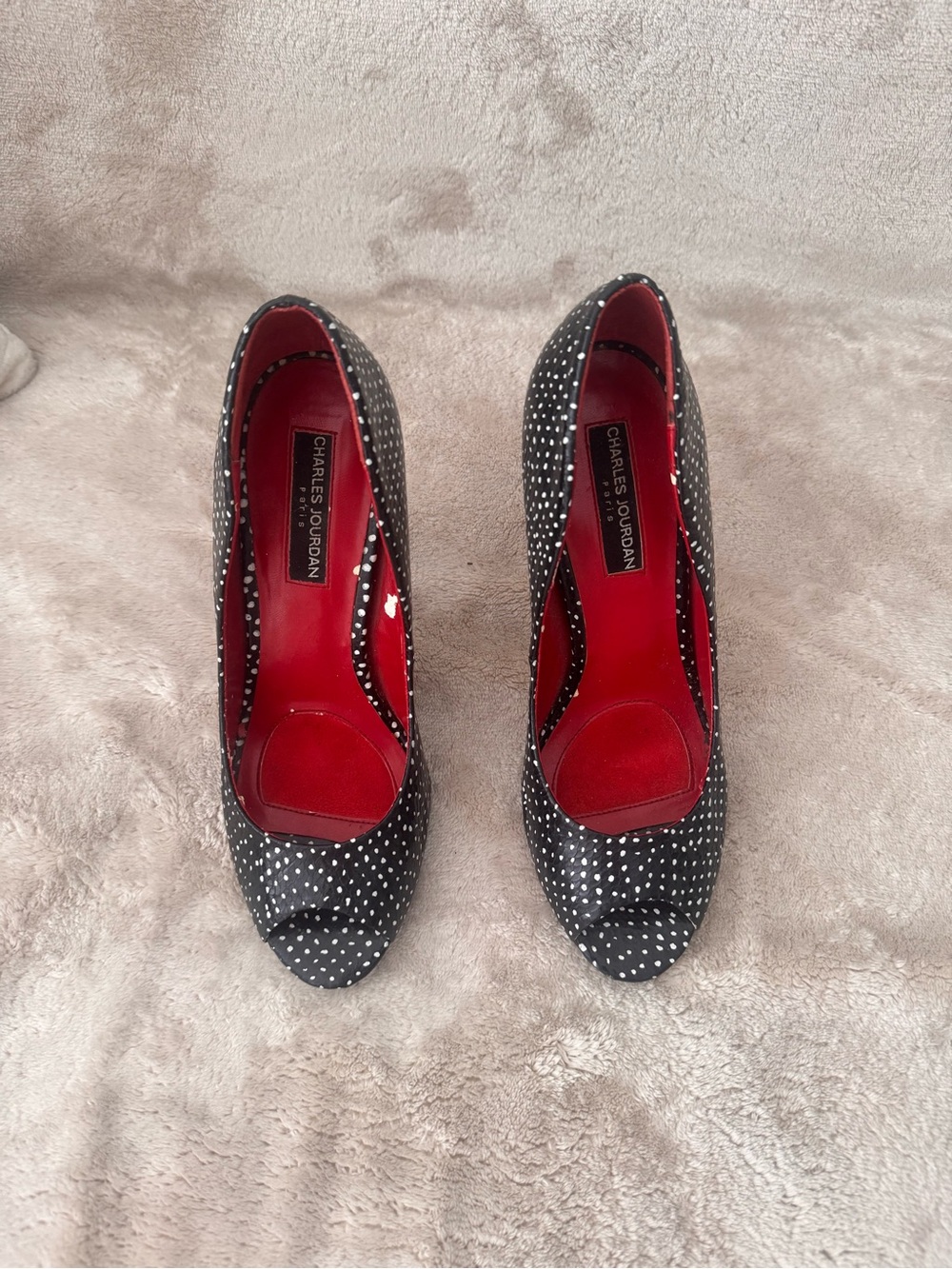 Charles Jourdan Black and White Polka Dot Peep-Toe Stiletto Heels